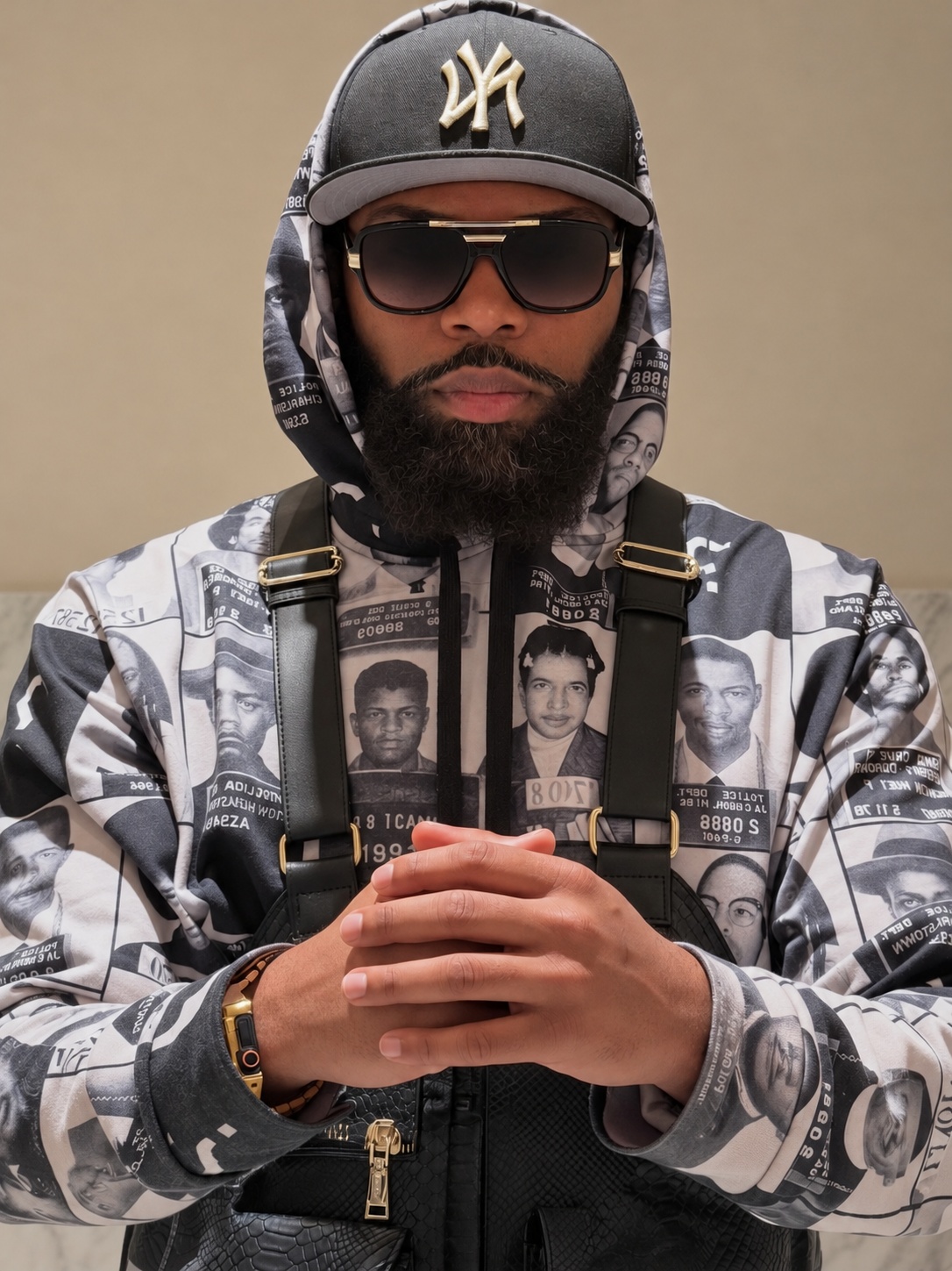 Portrait of Keaton Brett in a Yankees cap, sunglasses and a printed hoodie, hands clasped